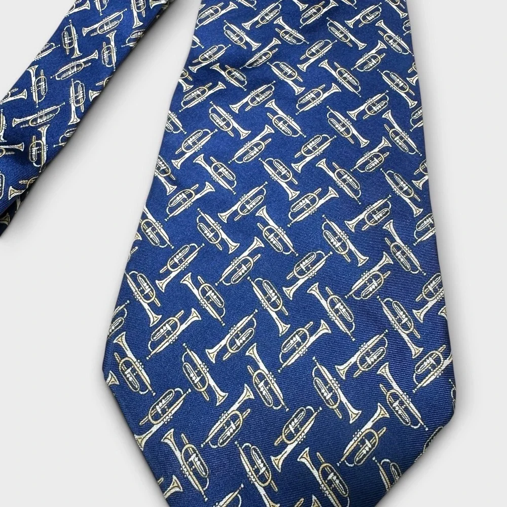 Sheaf & Caber Mens Blue Trumpet Musical Instrument Silk Necktie Jazz Band Tie